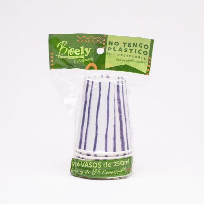 VASOS DE CARTON BIODEGRADABLE LINEAS AZULES 250 ML